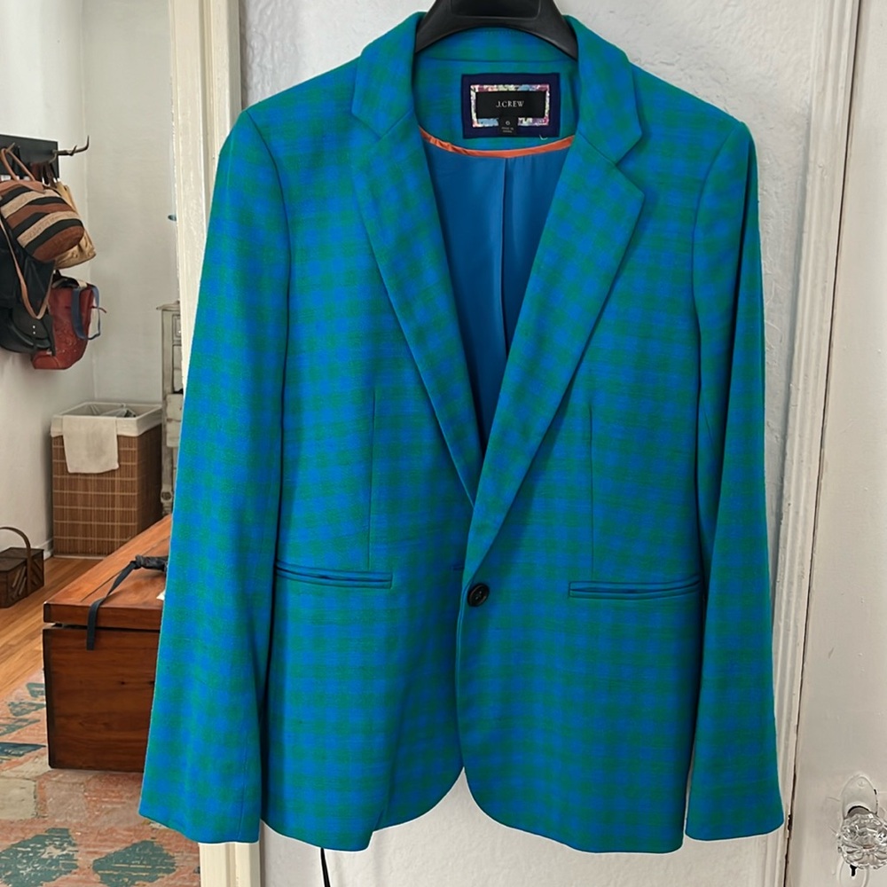 J. Crew green and teal checkered blazer with orange piping